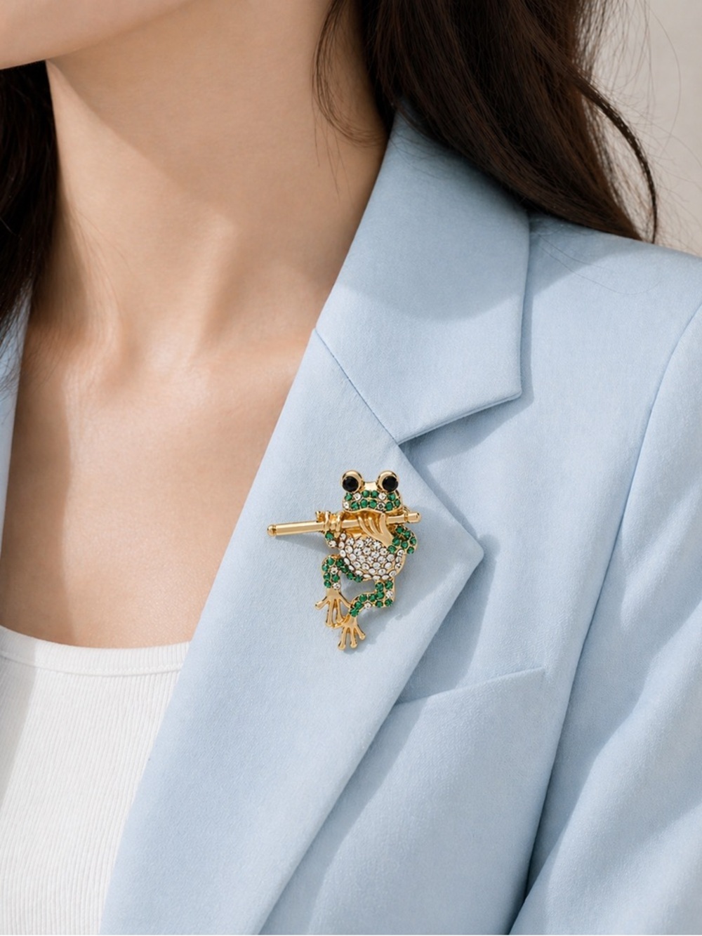 Musical Frog Green Crystal Gold Brooch